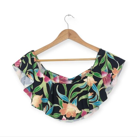 MuMu Mermaid Black Multicolored Tropical Floral Off Shoulder Ruffle Swim Top - Picture 2 of 5